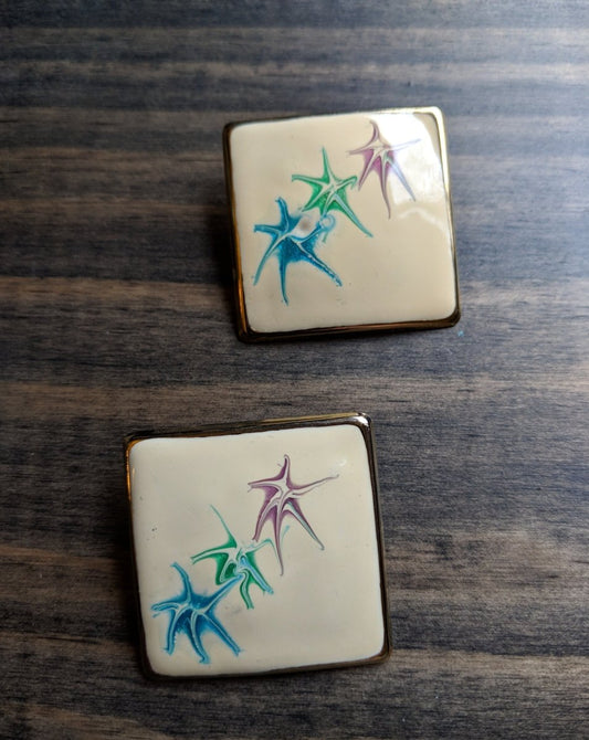 Vintage 80s/90s Square Abstract Enamel Earrings - Dirty30 Vintage