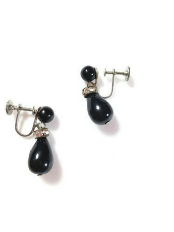 Vintage Art Deco Earrings Black Tear Drop Dangle Screw Back Rhinestone Accent - Dirty30 Vintage