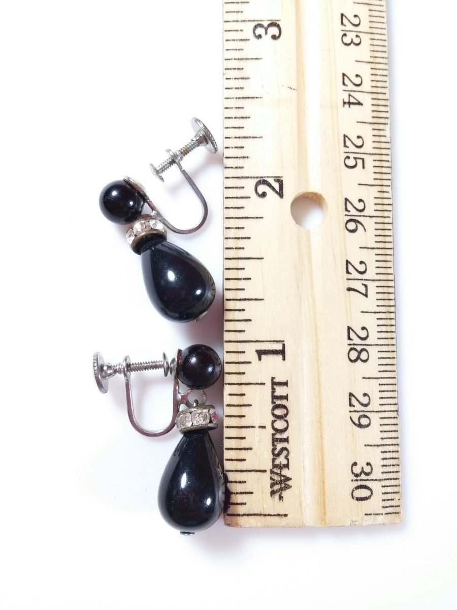 Vintage Art Deco Earrings Black Tear Drop Dangle Screw Back Rhinestone Accent - Dirty30 Vintage