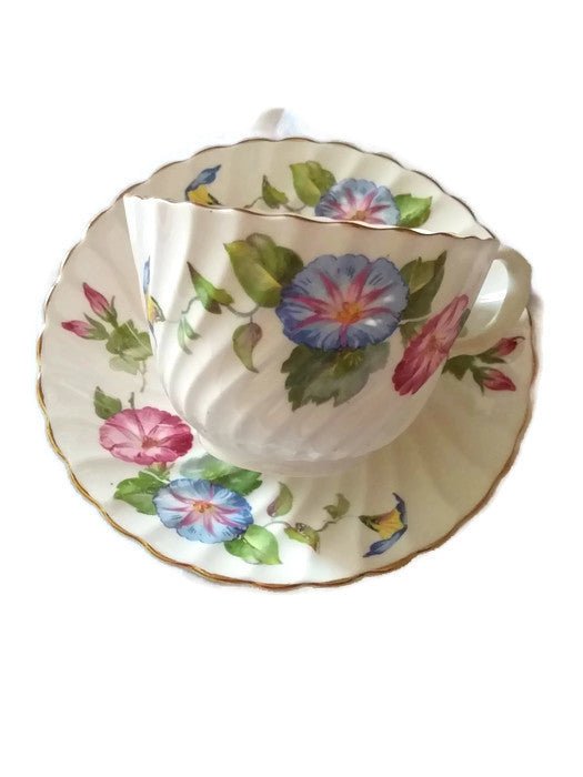 Vintage Aynsley English Bone China Swirl Morning Glory Pattern Tea Cup and Saucer - Dirty30 Vintage
