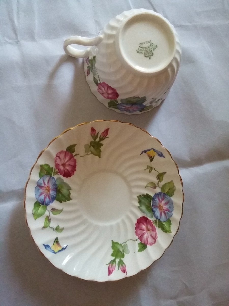 Vintage Aynsley English Bone China Swirl Morning Glory Pattern Tea Cup and Saucer - Dirty30 Vintage