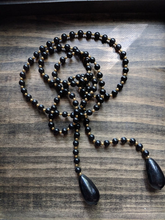 Vintage Beaded Lariat Black & Gold Necklace - Dirty30 Vintage