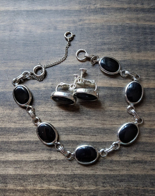 Vintage Black & Silver Bracelet w/ Coordinating Earrings - Dirty30 Vintage