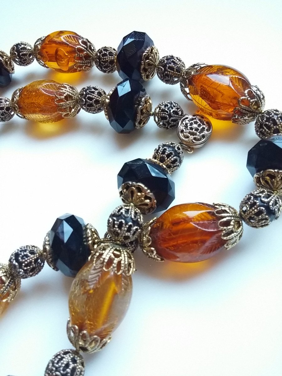 Vintage BOLD Amber and Black Plastic Beaded Necklace - Dirty30 Vintage