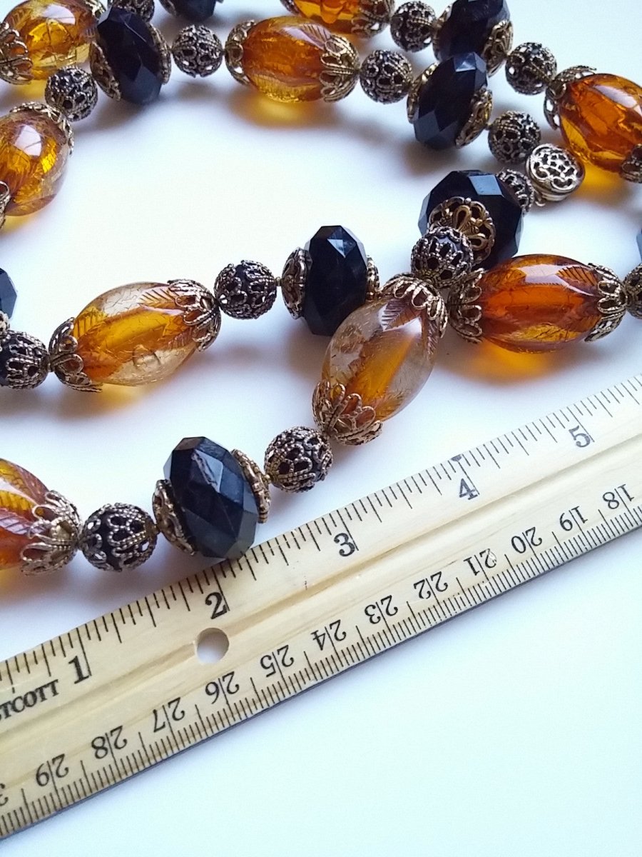 Vintage BOLD Amber and Black Plastic Beaded Necklace - Dirty30 Vintage
