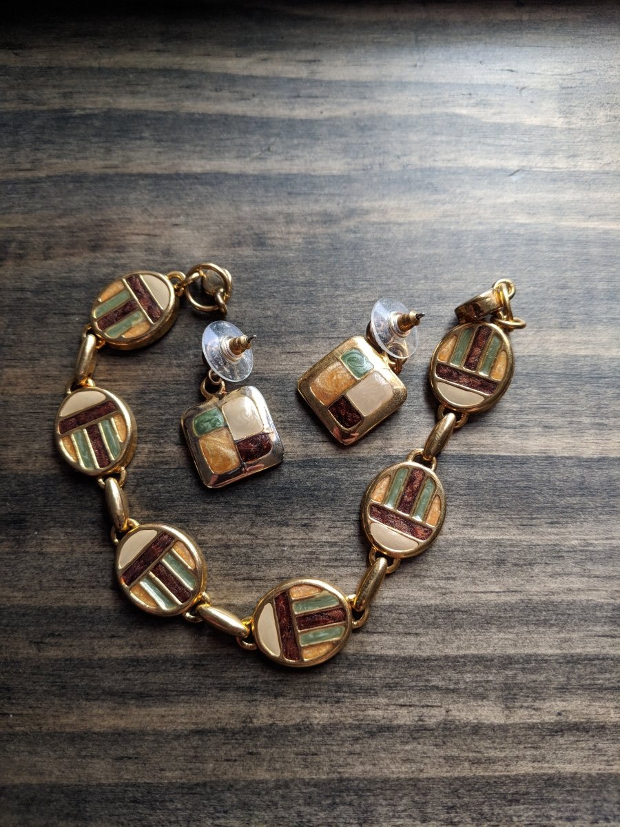 Vintage Bracelet and Earring Set - Earth Tone Enamel w/ Geometric Print - Dirty30 Vintage