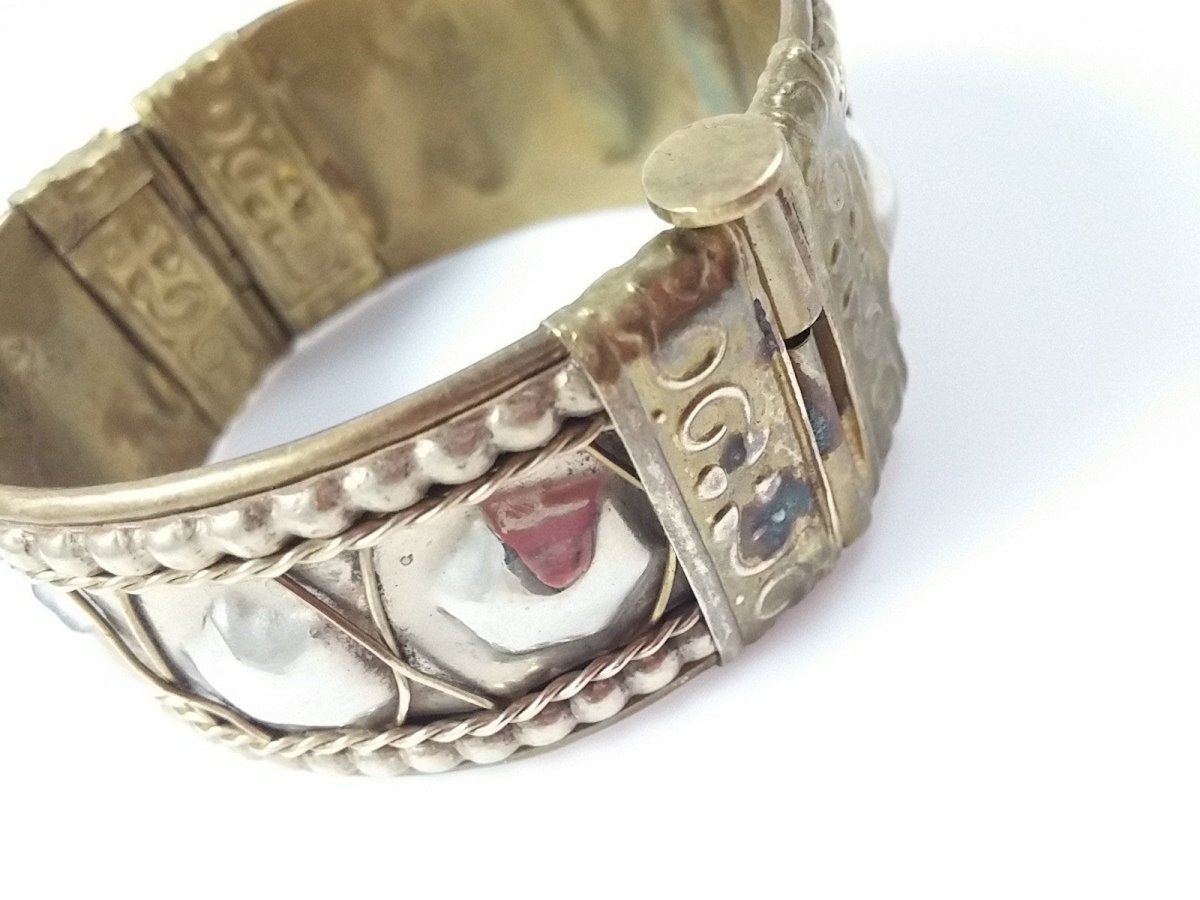 Vintage Bracelet Bangle Brass Tone Push Pin Hinged Cuff Bold - Dirty30 Vintage
