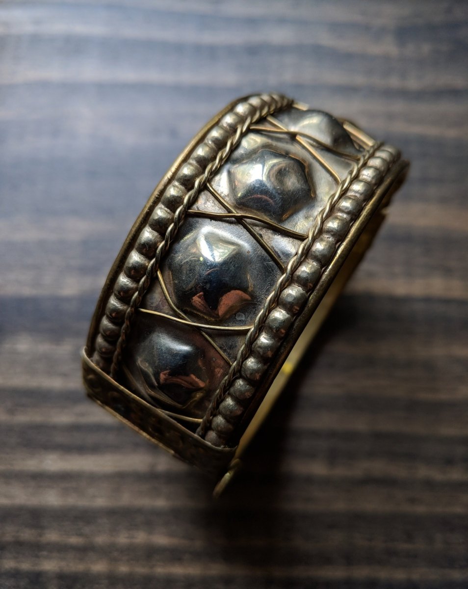Vintage Bracelet Bangle Brass Tone Push Pin Hinged Cuff Bold - Dirty30 Vintage