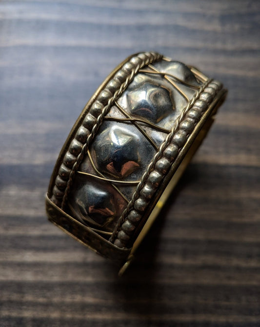 Vintage Bracelet Bangle Brass Tone Push Pin Hinged Cuff Bold - Dirty30 Vintage