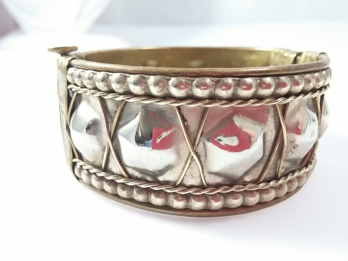Vintage Bracelet Bangle Brass Tone Push Pin Hinged Cuff Bold - Dirty30 Vintage