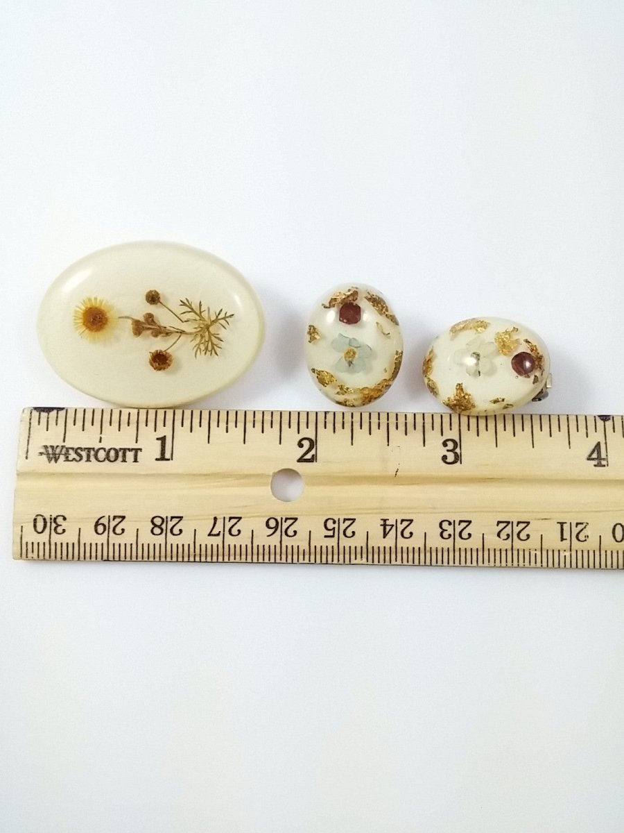 Vintage Brooch and Earring Set Clear Lucite w/ Dried Flowers Pin & Clip Earrings - Dirty30 Vintage