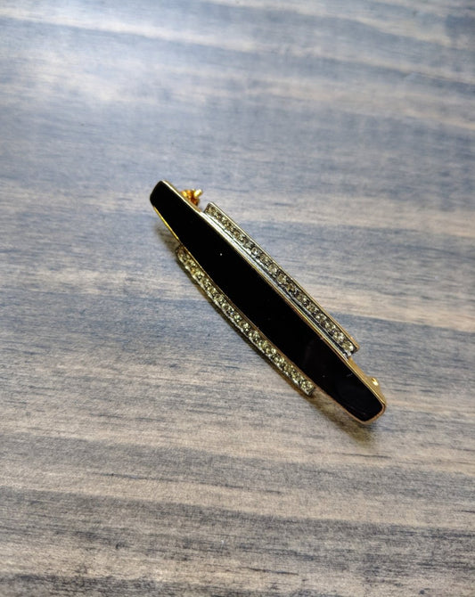 Vintage Brooch Black Enamel Bar Art Deco Style with Rhinestone Accents - Dirty30 Vintage