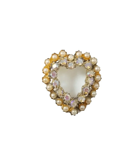 Vintage Brooch Heart Shape Faux Pearl and Aurora Borealis - Dirty30 Vintage