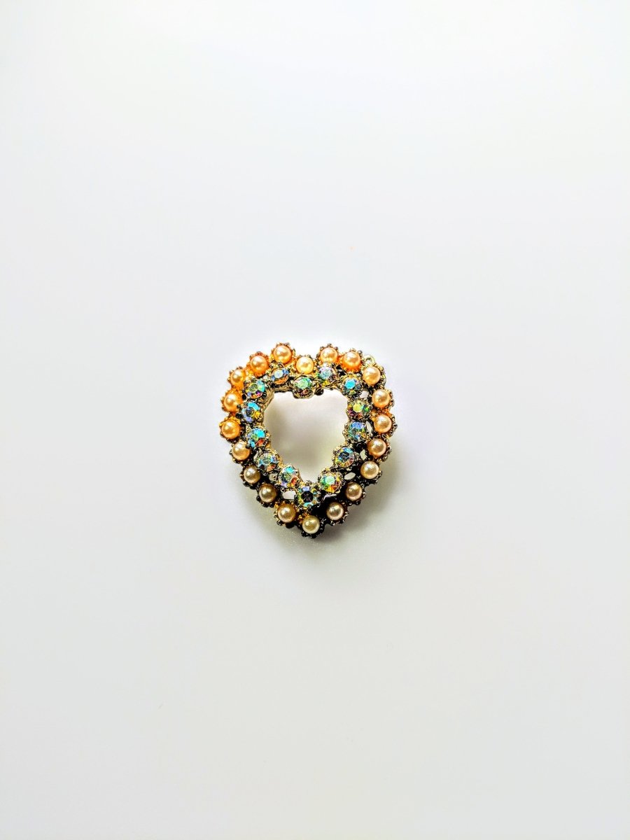 Vintage Brooch Heart Shape Faux Pearl and Aurora Borealis - Dirty30 Vintage