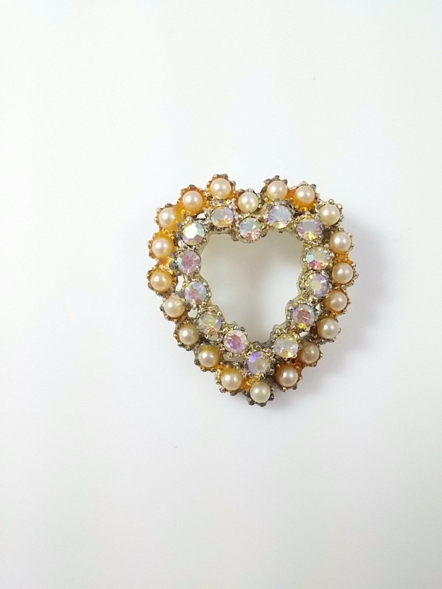 Vintage Brooch Heart Shape Faux Pearl and Aurora Borealis - Dirty30 Vintage