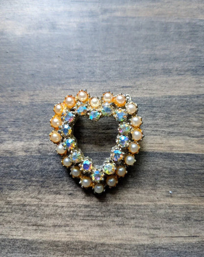 Vintage Brooch Heart Shape Faux Pearl and Aurora Borealis - Dirty30 Vintage