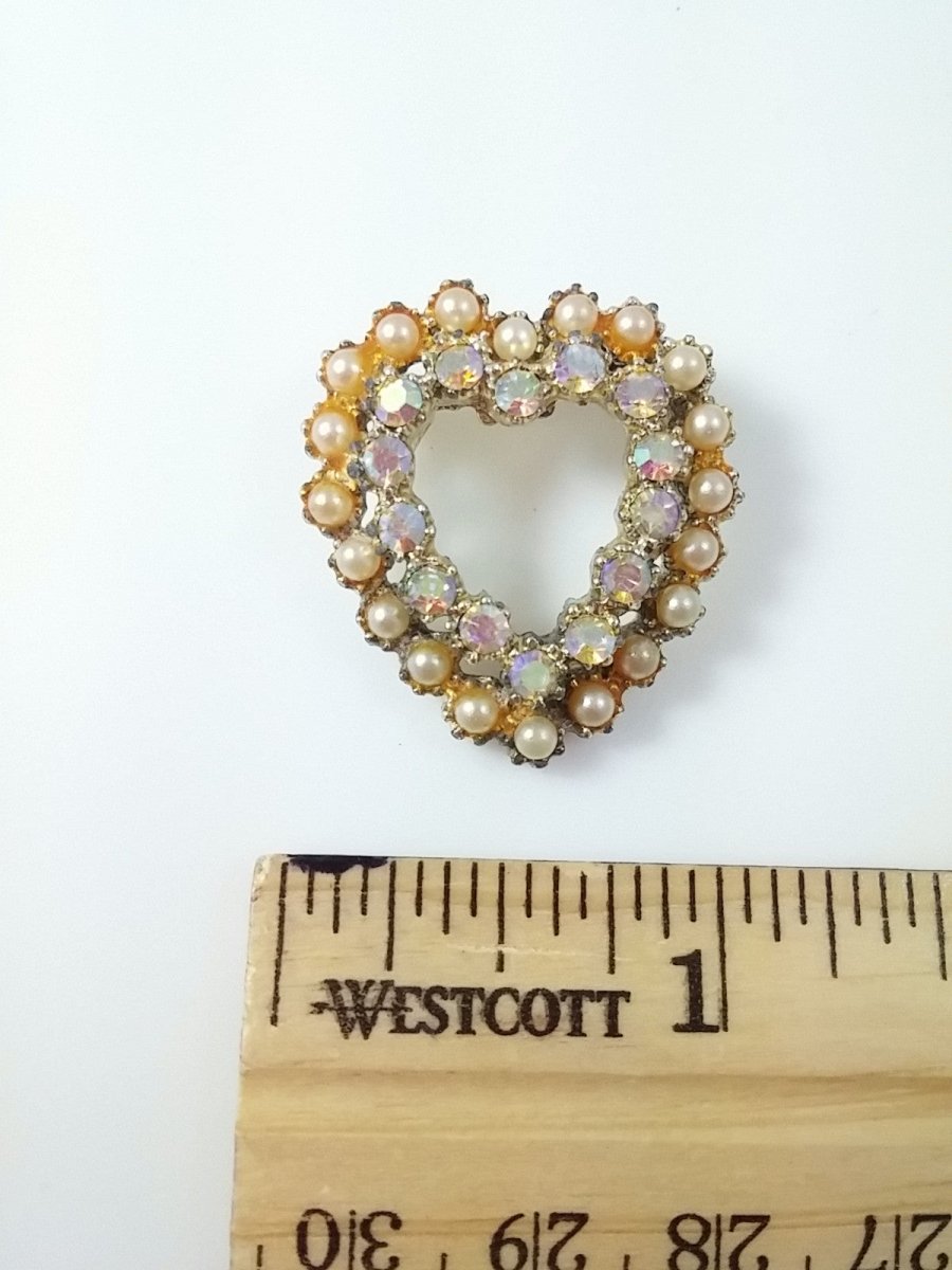 Vintage Brooch Heart Shape Faux Pearl and Aurora Borealis - Dirty30 Vintage