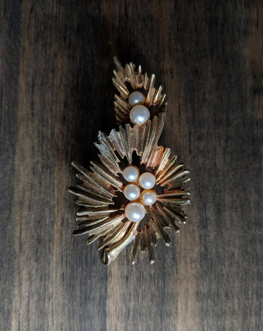 Vintage Brooch Mid Century Modern Abstract Two Tone Starburst Pearl Center - Dirty30 Vintage