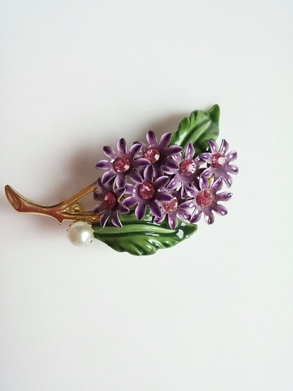 Vintage Brooch Purple Enamel Flower Bunch w/ Pink Rhinestone & Pearl Accent - Dirty30 Vintage