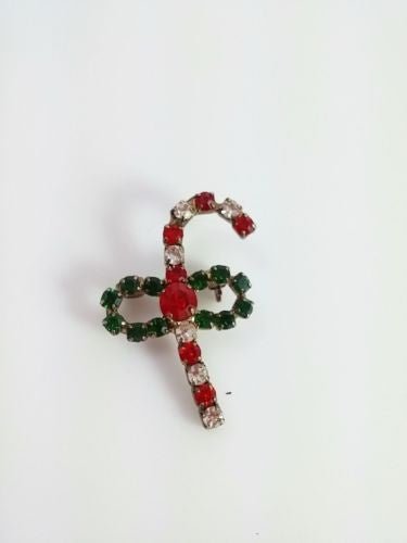 Vintage Brooch Red Green Rhinestone Candy Cane Holiday Christmas Pin - Dirty30 Vintage