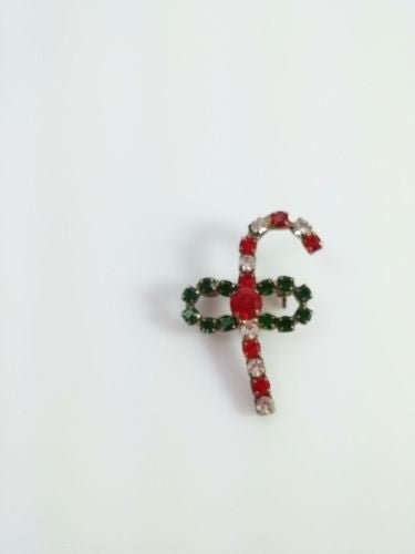 Vintage Brooch Red Green Rhinestone Candy Cane Holiday Christmas Pin - Dirty30 Vintage