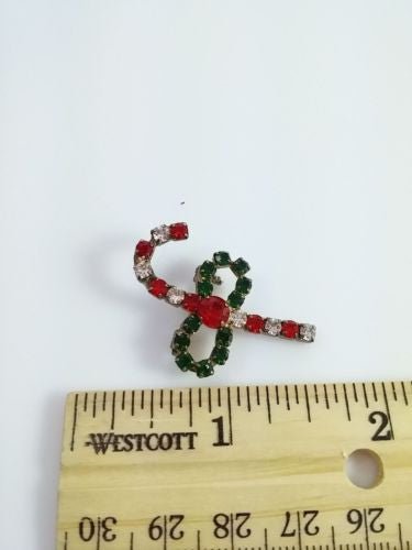 Vintage Brooch Red Green Rhinestone Candy Cane Holiday Christmas Pin - Dirty30 Vintage