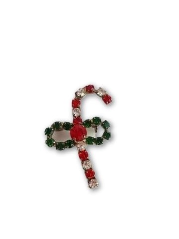 Vintage Brooch Red Green Rhinestone Candy Cane Holiday Christmas Pin - Dirty30 Vintage