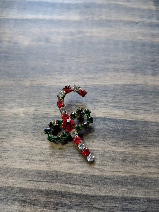 Vintage Brooch Red Green Rhinestone Candy Cane Holiday Christmas Pin - Dirty30 Vintage