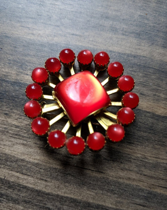 Vintage Brooch - Red Moonglow Starburst - Dirty30 Vintage