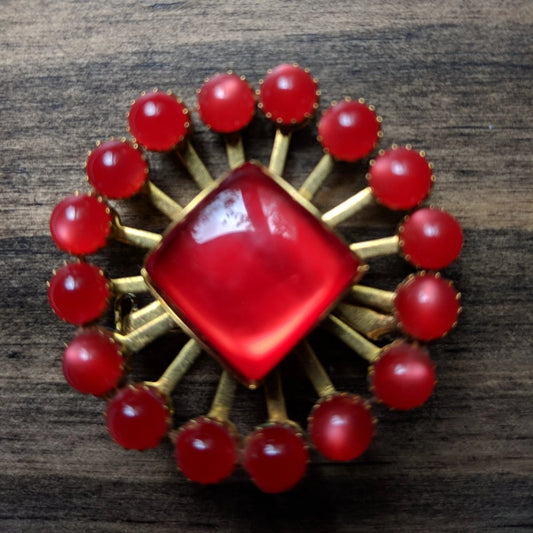 Vintage Brooch - Red Moonglow Starburst - Dirty30 Vintage
