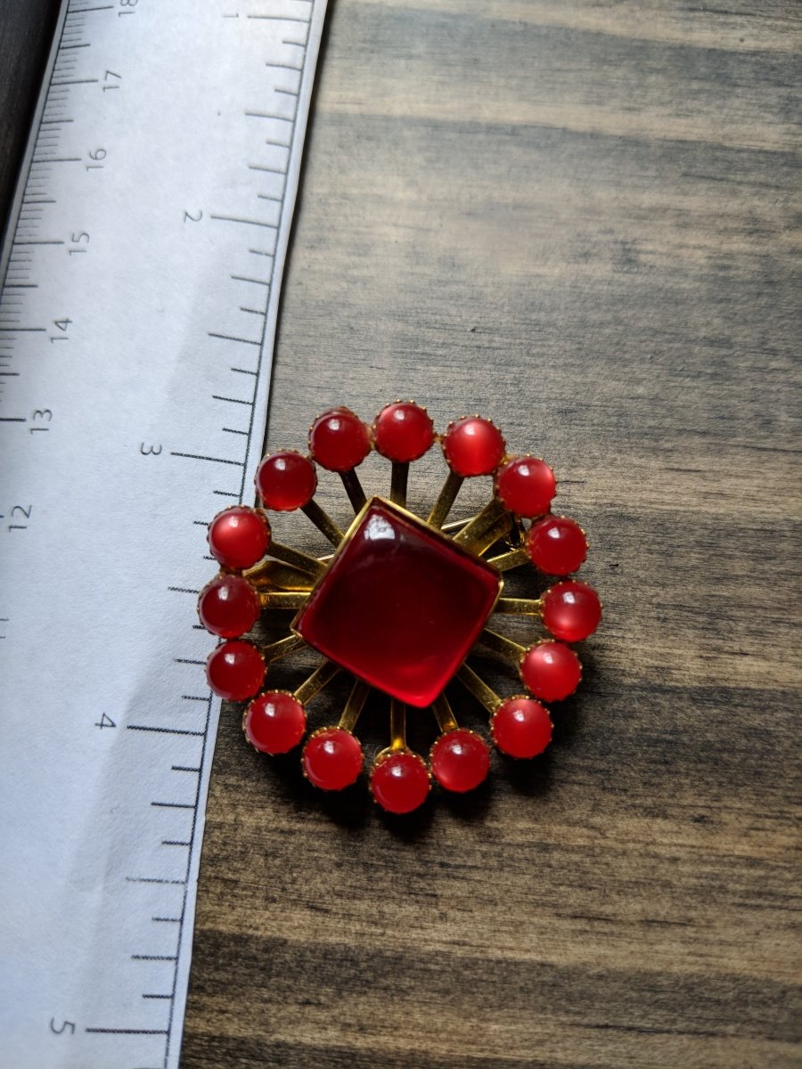 Vintage Brooch - Red Moonglow Starburst - Dirty30 Vintage