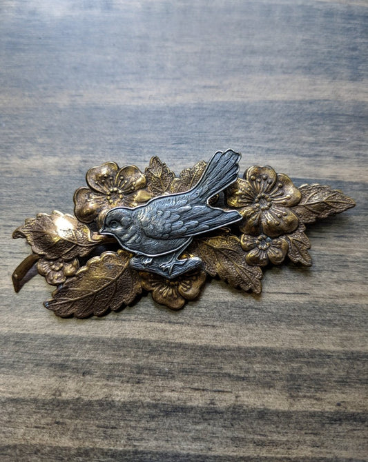 Vintage Brooch Two Tone Brass Color Floral Branch w/ Silver Tone Bird - Dirty30 Vintage