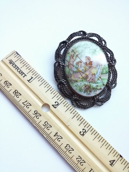 Vintage Brooch - Victorian Couple Swinging with Antiqued Rope Trim and Pendant Loop - Dirty30 Vintage