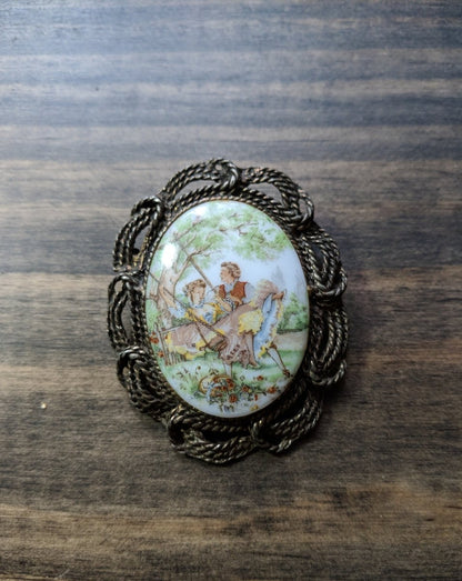 Vintage Brooch - Victorian Couple Swinging with Antiqued Rope Trim and Pendant Loop - Dirty30 Vintage