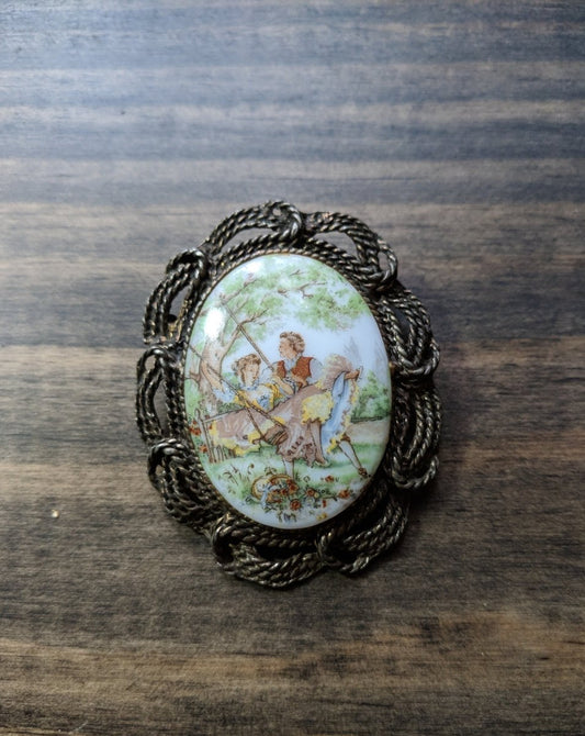 Vintage Brooch - Victorian Couple Swinging with Antiqued Rope Trim and Pendant Loop - Dirty30 Vintage
