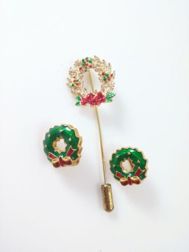 Vintage Christmas Set Wreath Brooch / Lapel Pin and Clip Earrings - Dirty30 Vintage