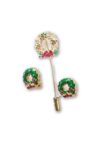 Vintage Christmas Set Wreath Brooch / Lapel Pin and Clip Earrings - Dirty30 Vintage