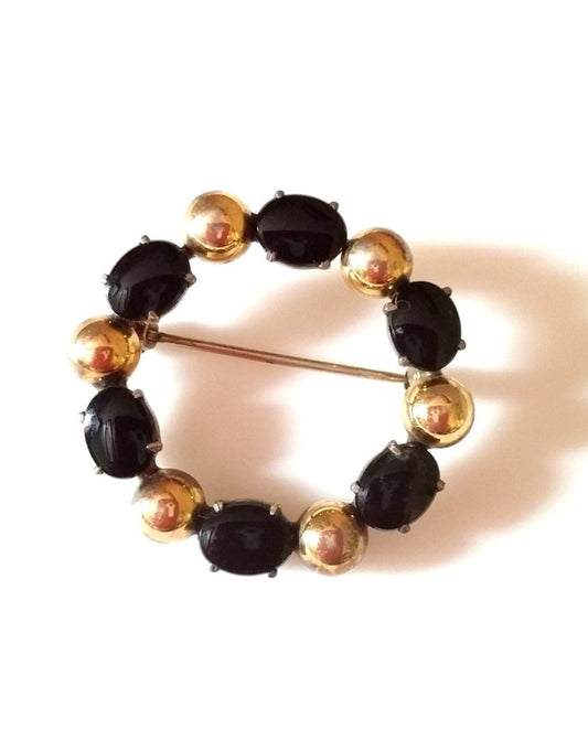 Vintage Circle Brooch 1940s Black Onyx Symmetalic Sterling Silver 14K Gilt Gold - Dirty30 Vintage