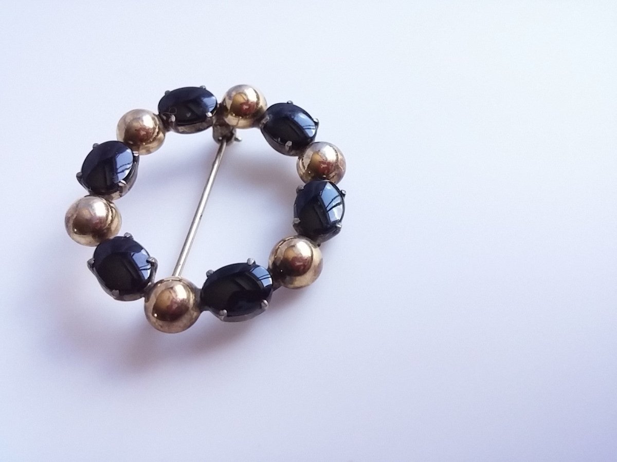 Vintage Circle Brooch 1940s Black Onyx Symmetalic Sterling Silver 14K Gilt Gold - Dirty30 Vintage