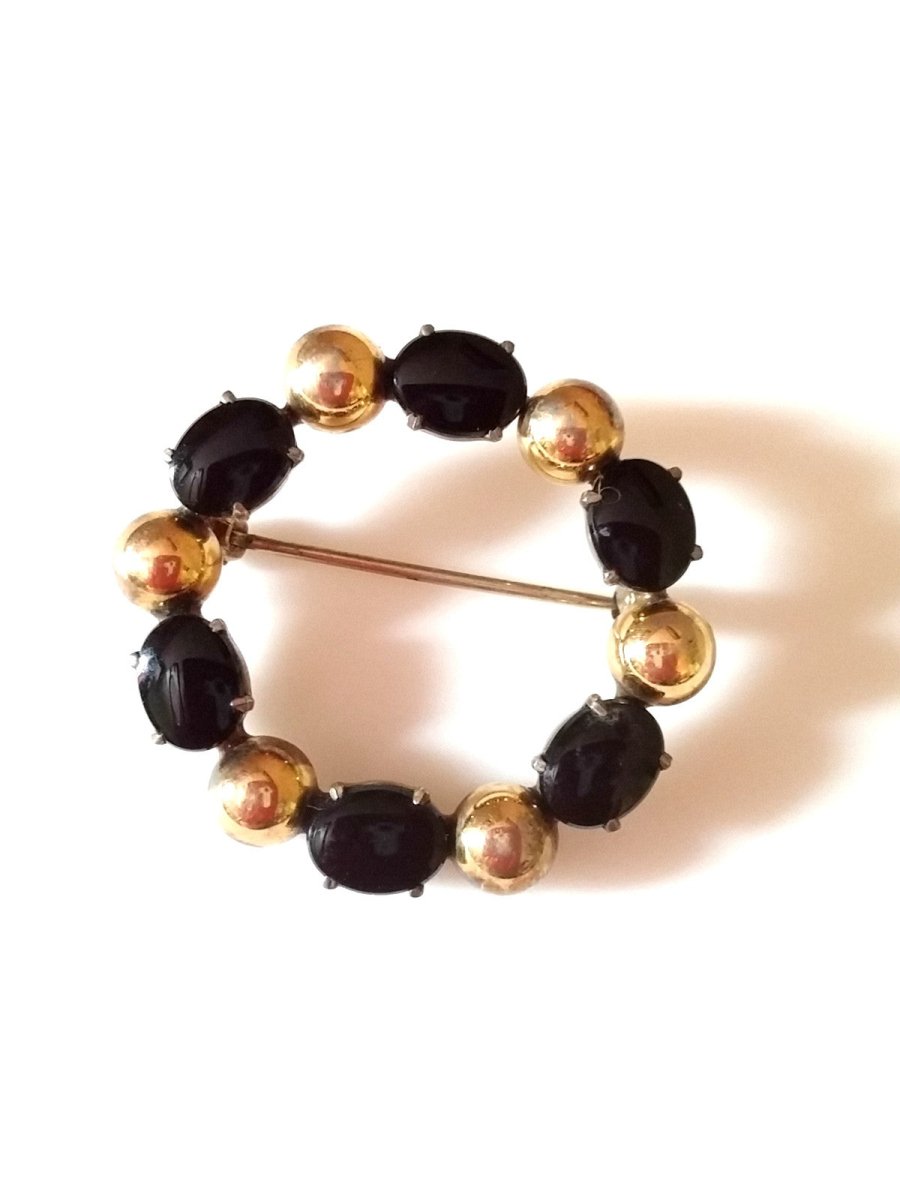 Vintage Circle Brooch 1940s Black Onyx Symmetalic Sterling Silver 14K Gilt Gold - Dirty30 Vintage