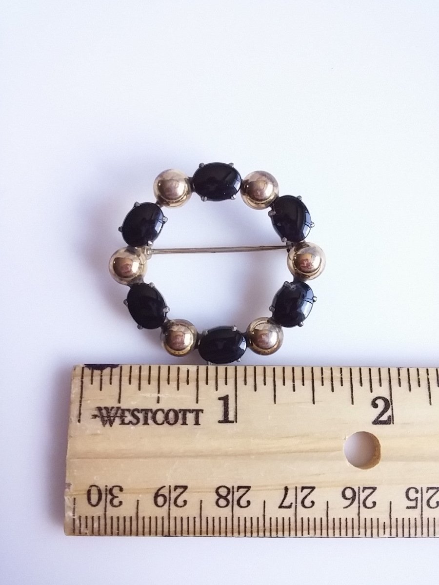 Vintage Circle Brooch 1940s Black Onyx Symmetalic Sterling Silver 14K Gilt Gold - Dirty30 Vintage
