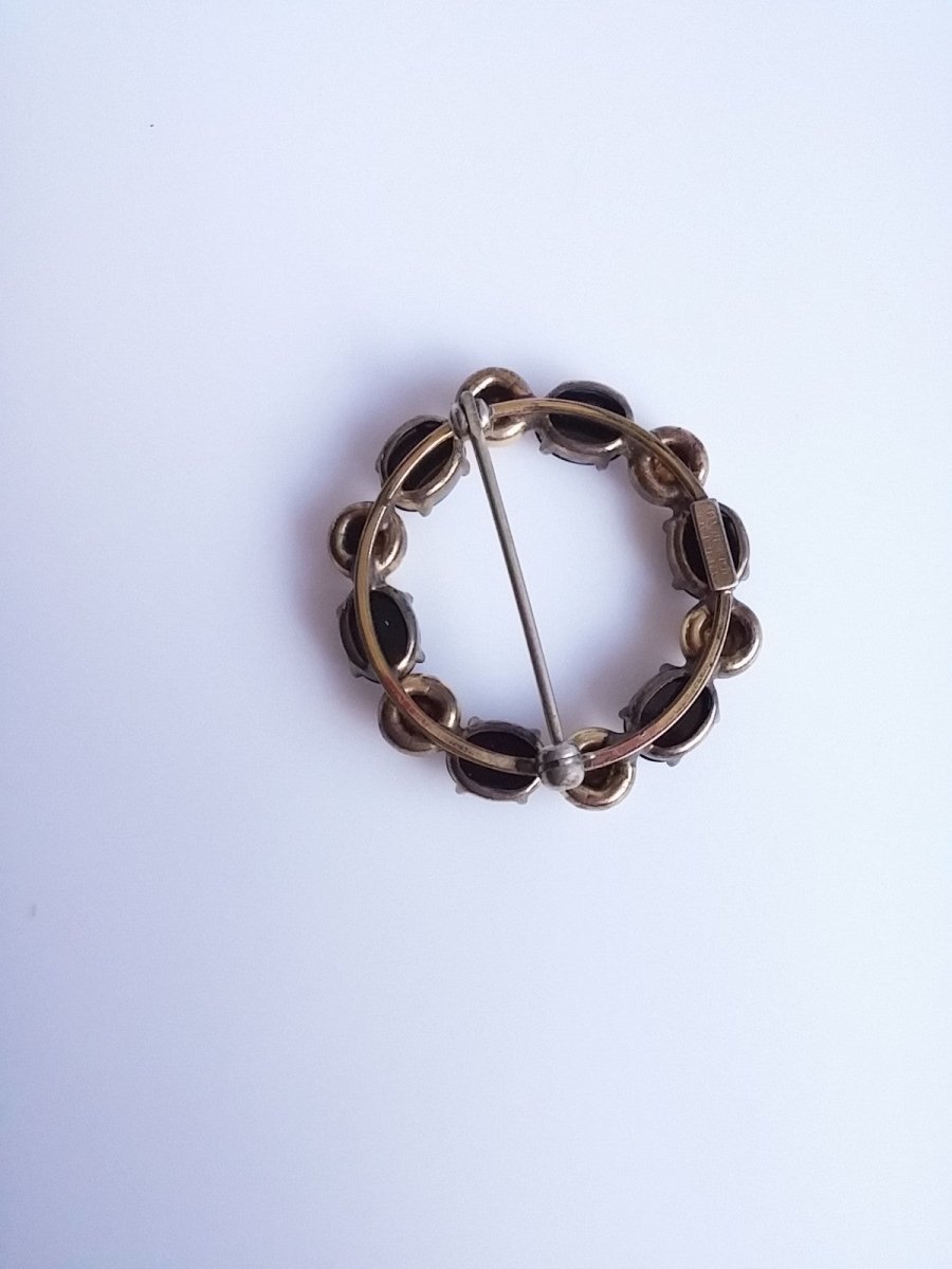 Vintage Circle Brooch 1940s Black Onyx Symmetalic Sterling Silver 14K Gilt Gold - Dirty30 Vintage