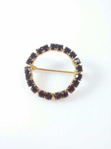 Vintage Circle Brooch - Red Glass Stones Gold Tone - Dirty30 Vintage