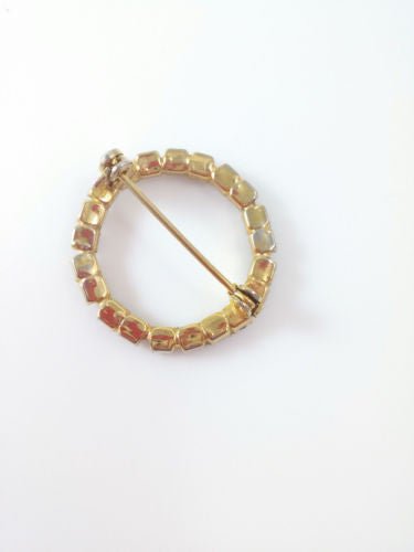 Vintage Circle Brooch - Red Glass Stones Gold Tone - Dirty30 Vintage