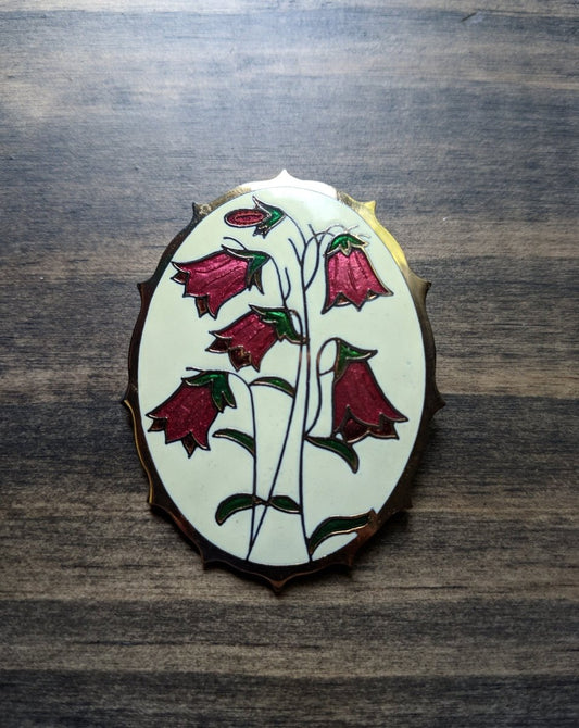 Vintage Cloisonne Brooch Oval Cream w/ Pink Bell Flowers - Dirty30 Vintage