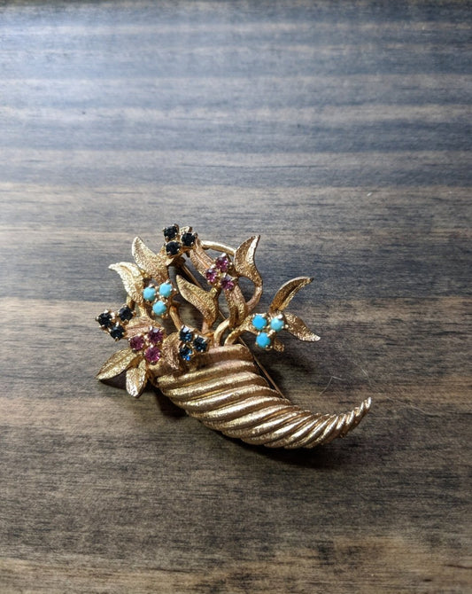 Vintage Cornucopia Floral Brooch Gold Tone w/ Blue Pink Rhinestone Turquoise Flowers - Dirty30 Vintage