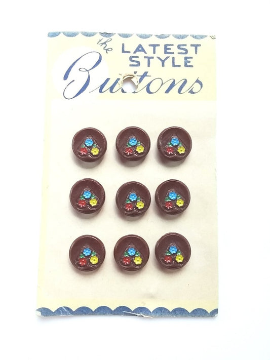 Vintage CZECH Buttons Round Shape Brown w/ Painted Flowers Set of 9 "Latest Style" Brand 1930s - Dirty30 Vintage