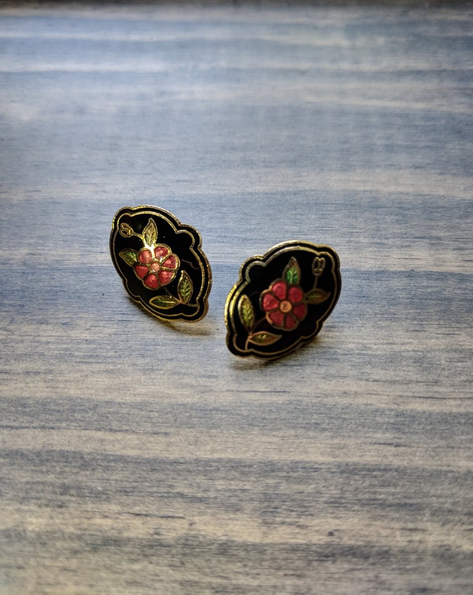 Vintage Damascene Earrings Black Pink Flower Pierced Gold Tone - Dirty30 Vintage