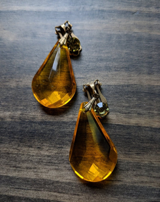 Vintage Drop Earrings - Citrine Color w/ Rhinestone Accent - Dirty30 Vintage