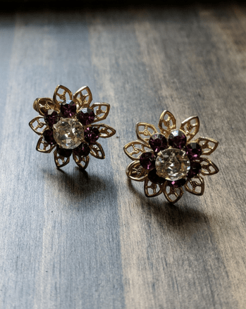 Vintage Earrings Screw Back Layered Flower Starburst with Purple Clear Rhinestone Accents - Dirty30 Vintage